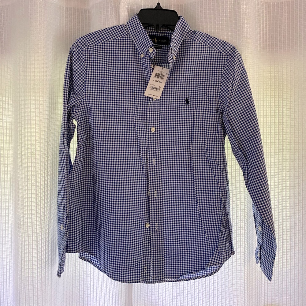 Boys Large (14-16) Ralph Lauren blue and white dress shirt, brand-new with tags.